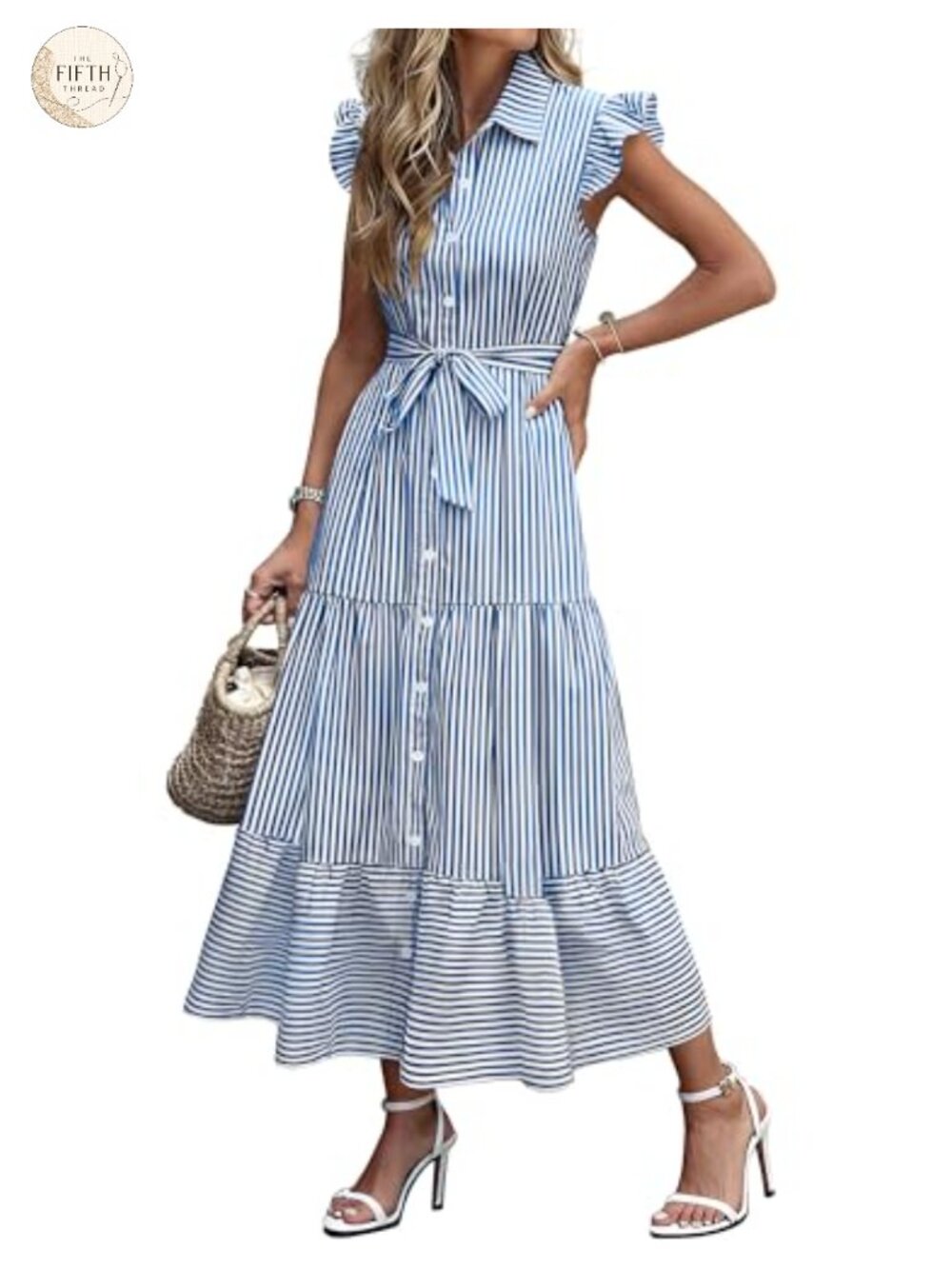 Womens Ruffle Cap Sleeve Maxi Dress Button Down Striped Plaid Tie Waist Vacation